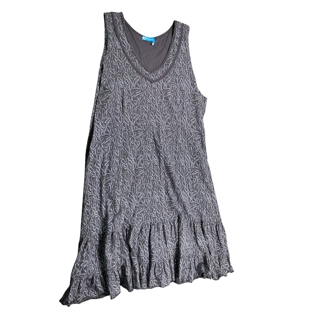 Fresh Produce 2X Gray Leaf Print Sleeveless Midi Dress Ruffle Hem‎